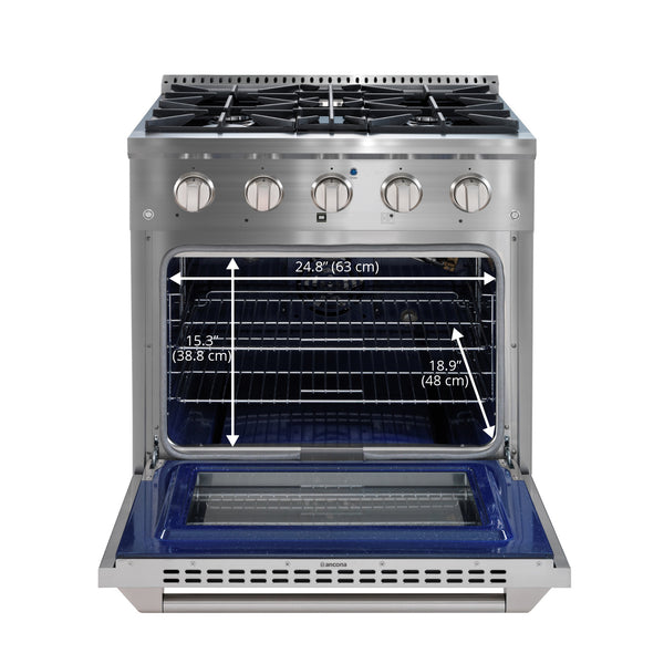 Ancona 30” 4.2 cu. ft. Gas Range with 4 Burners and Convection Oven in Stainless Steel