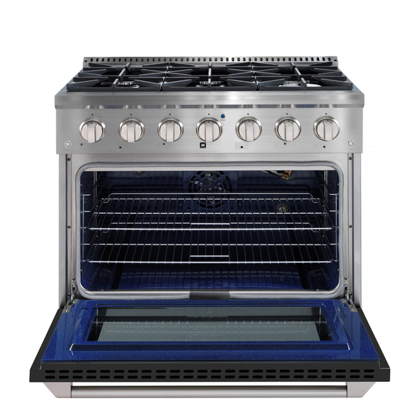 Ancona 36” 5.2 cu. ft. Gas Range with 6 Burners and Convection Oven in Stainless Steel with Black Door