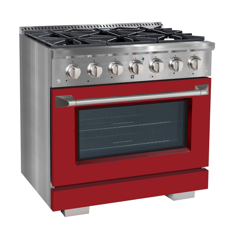 Ancona cuisinière à gaz de 36” 5,2 pi. cu avec 6 brûleurs et four à convection en acier inoxydable avec porte rouge