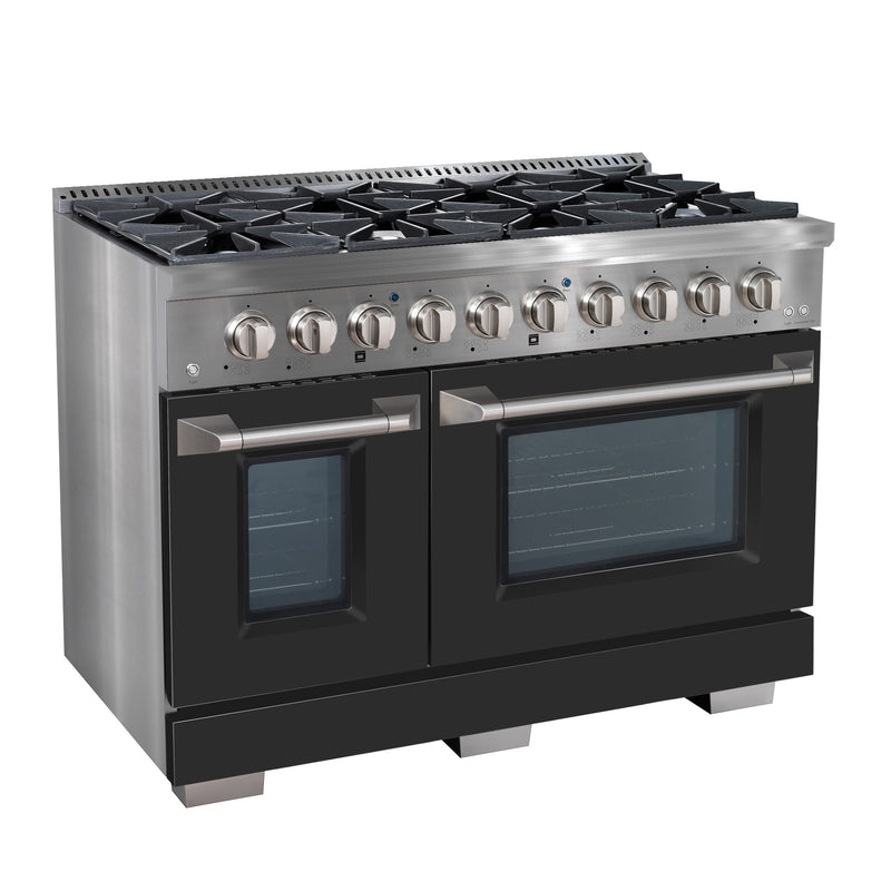 Ancona 48” Gas Range with 8 Burners including Griddle and Double Convection Oven in Stainless Steel with Black Doors