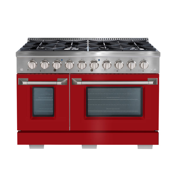 Ancona 48” Gas Range with 8 Burners including Griddle and Double Convection Oven in Stainless Steel with Red Doors