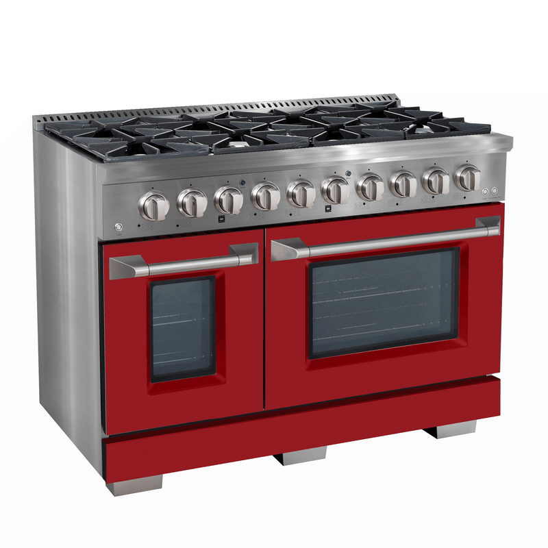 Ancona cuisinière à gaz de 48” avec 8 brûleurs et four à convection double en acier inoxydable avec portes rouges