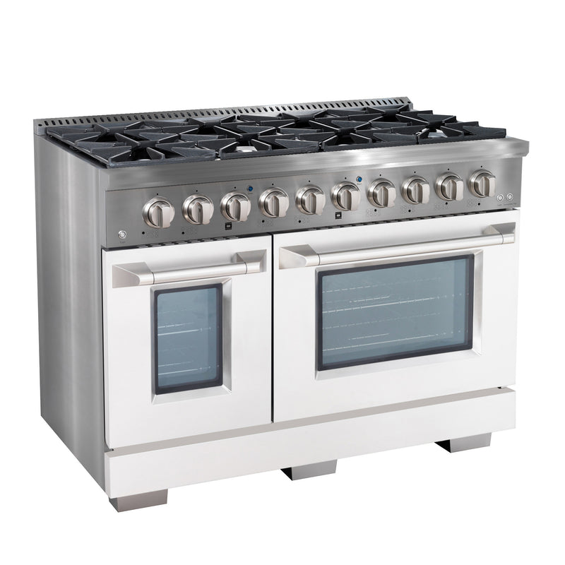 Ancona 48” Gas Range with 8 Burners including Griddle and Double Convection Oven in Stainless Steel with White Doors