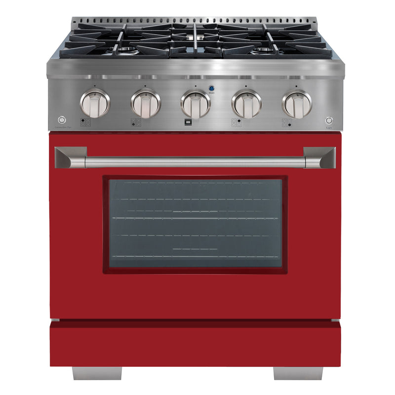 Ancona cuisinière à gaz de 30” 4,2 pi. cu avec 4 brûleurs et four électrique à convection en acier inoxydable avec porte rouge