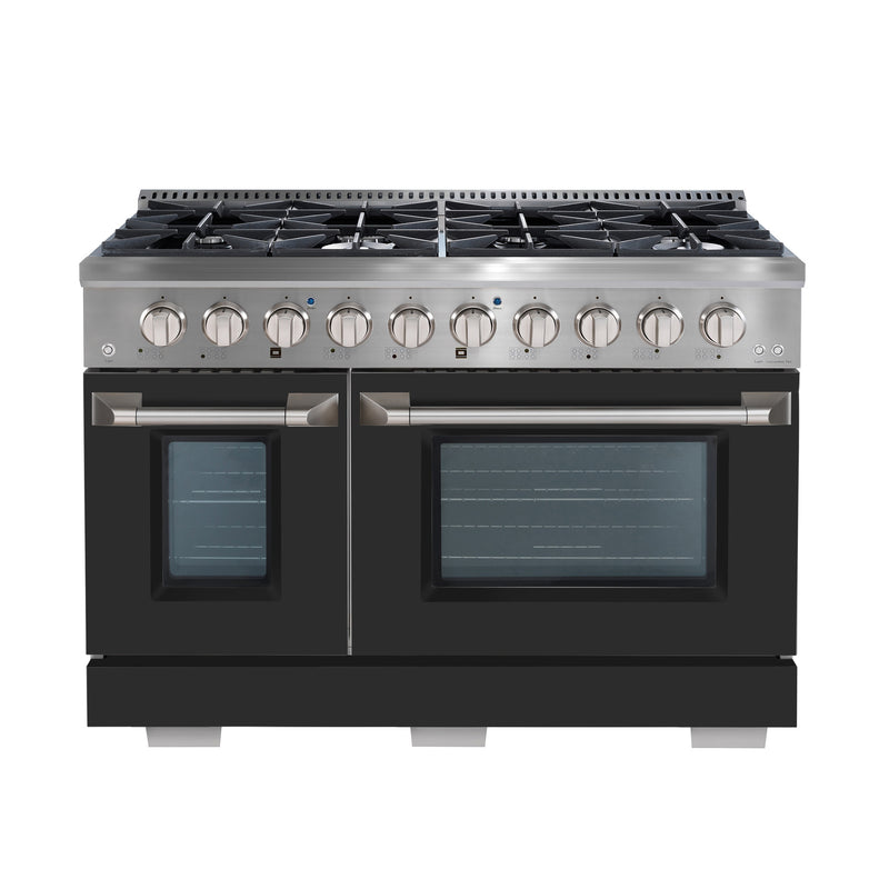 Ancona 48” 6.7 cu. Ft Double Oven Dual Fuel Range with 8 Burners, Griddle and Convection Ovens in Stainless Steel and Black