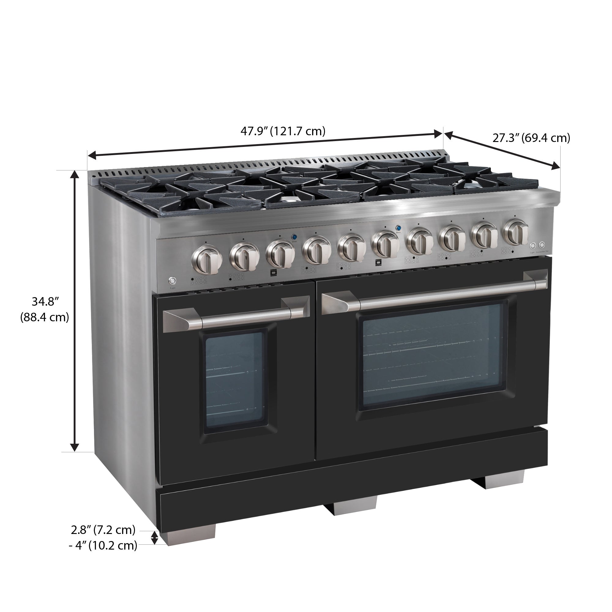 Ancona 48” 6.7 cu. Ft Double Oven Dual Fuel Range with 8 Burners, Griddle and Convection Ovens in Stainless Steel and Black