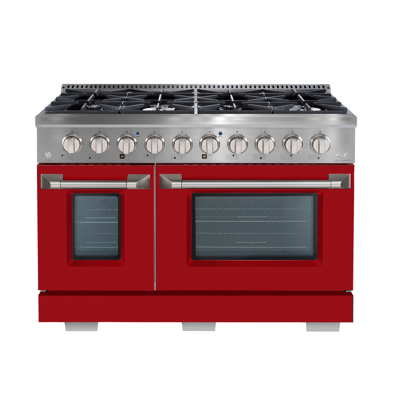Ancona cuisinière à gaz de 48” 6,7 pi. cu avec 8 brûleurs avec four électrique à convection double avec portes rouges