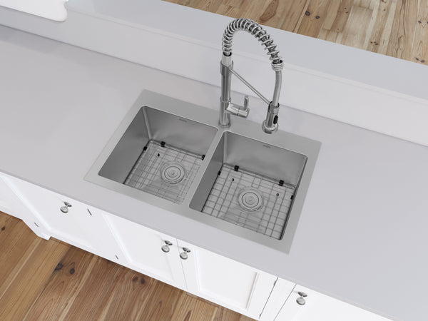 Prestige Series Drop-in Stainless Steel 30 in. 1-Hole 50/50 Double Bowl Kitchen Sink with Grids and Strainers