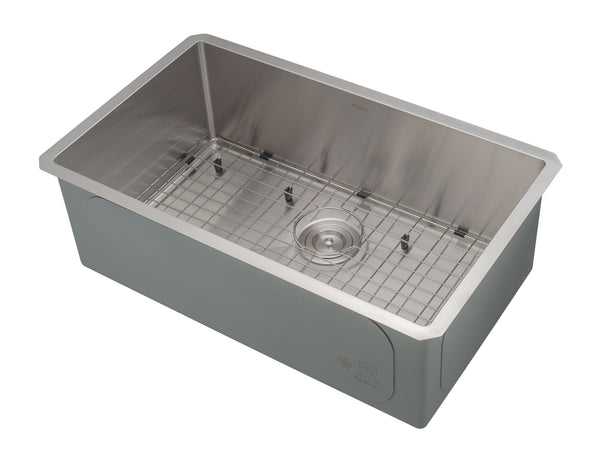 Prestige Series Undermount Stainless Steel 30 in. Single Bowl Kitchen Sink with Grid and Strainer in Satin 