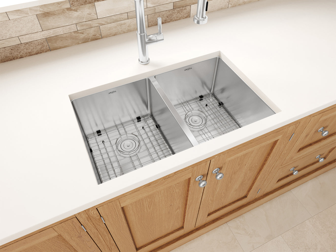 Prestige Series Undermount Stainless Steel 28 in. 50/50 Double Bowl Kitchen Sink in Satin Finish with Grids and Strainers