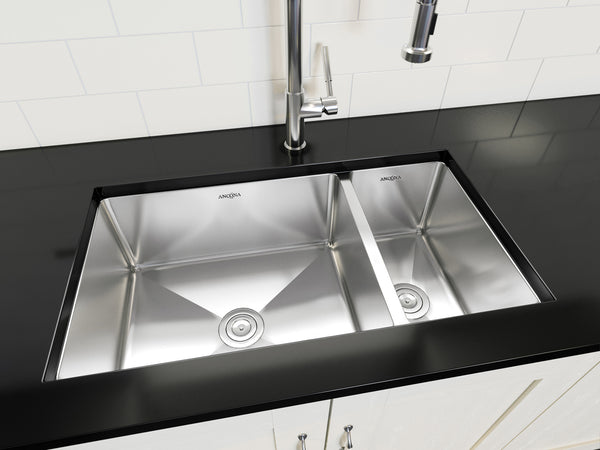 Prestige Undermount 32 in. Double Kitchen Sink with Grids/Strainers