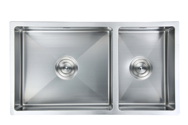 34 L x 21 W 70/30 Double Bowl Undermount Kitchen Sink Low Divider with  Grid
