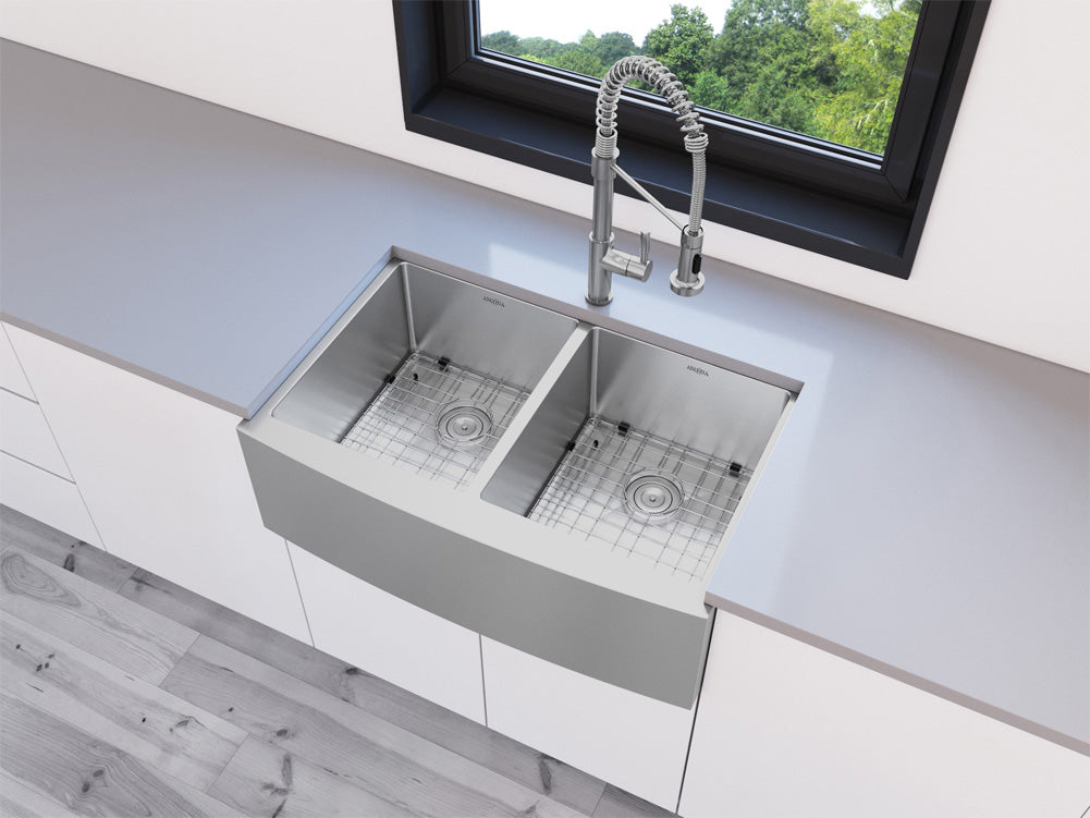 Prestige Series Farmhouse Apron Undermount Stainless Steel 33 in. 50/50 Double Bowl Handmade Sink with Grid and Strainer