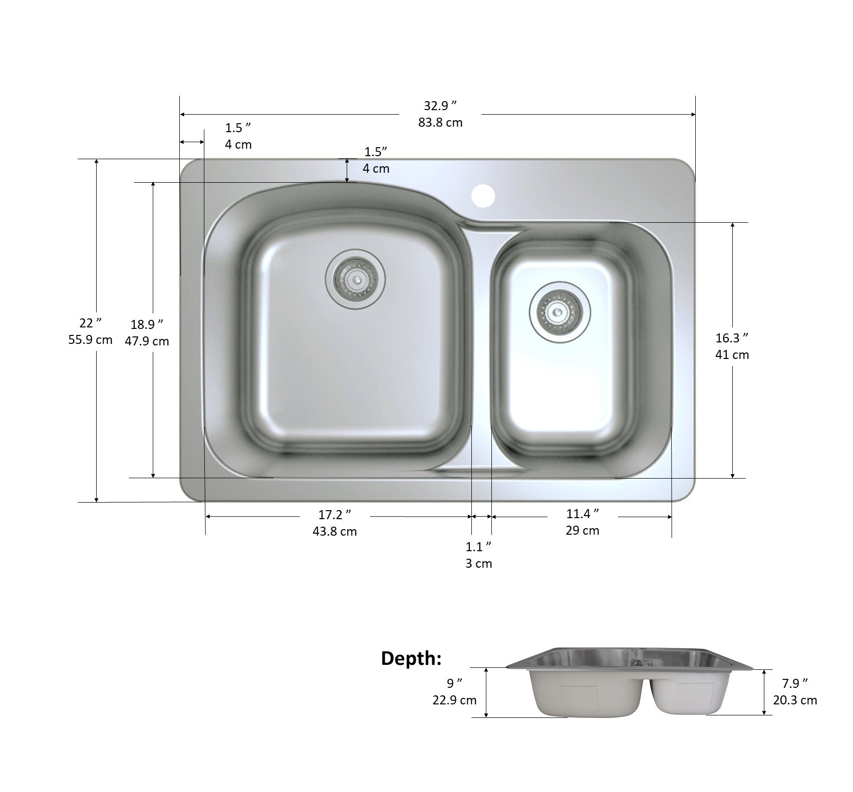 Tusca Series Dual-Mount 33 in. 60/40 Double Bowl Stainless Steel Kitchen Sink