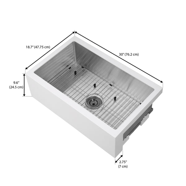 Ancona Undermount 30” Single Bowl Farmhouse Apron Front Kitchen Sink in White and Stainless Steel