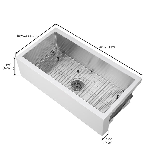 Ancona Undermount 36" Single Bowl Farmhouse Apron Front Kitchen Sink in White and Stainless Steel