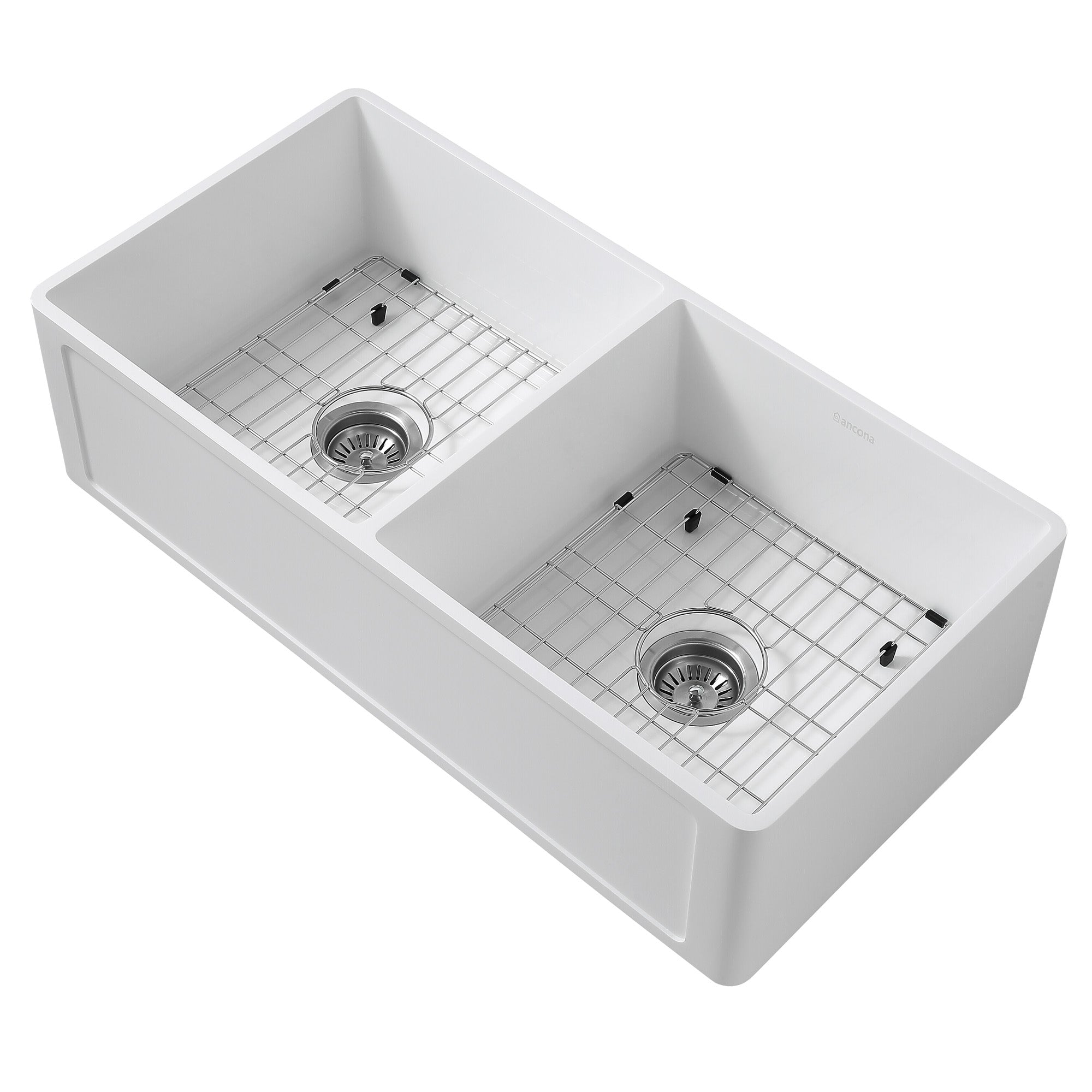 Ancona 36” Undermount Farmhouse 50/50 Double Bowl Apron Front Sink in Pure Acrylic Stone with Grid and Strainer in White