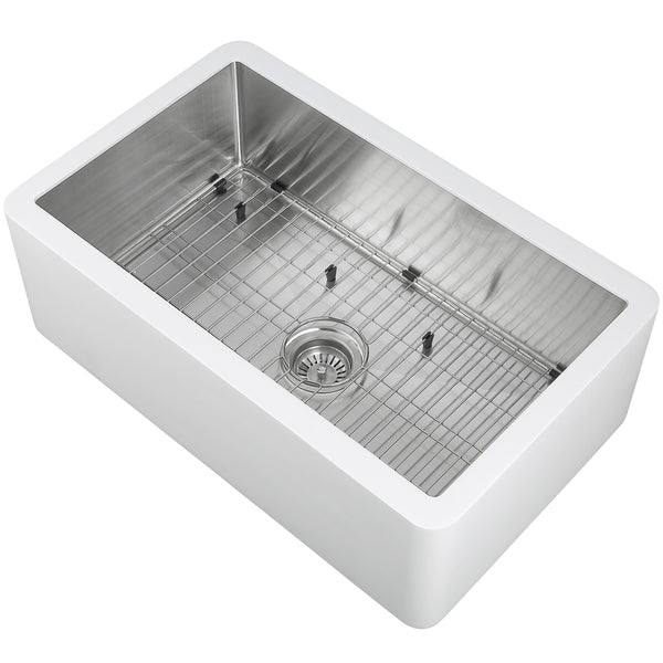 Holbrook Pure Stone Farmhouse 30 in. Single Bowl Kitchen Sink in White and Stainless Steel