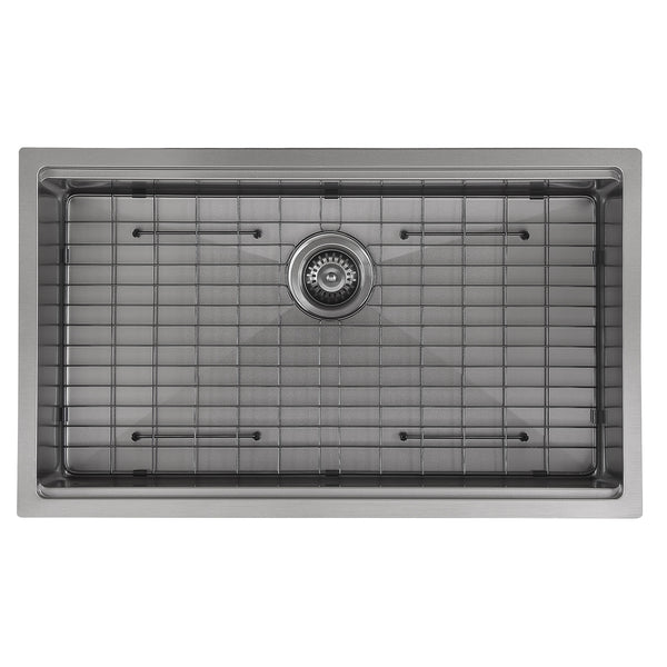 Ancona 32” Single Bowl Undermount Kitchen Sink with Grid and Roll-Up Mat in PVD Gunmetal