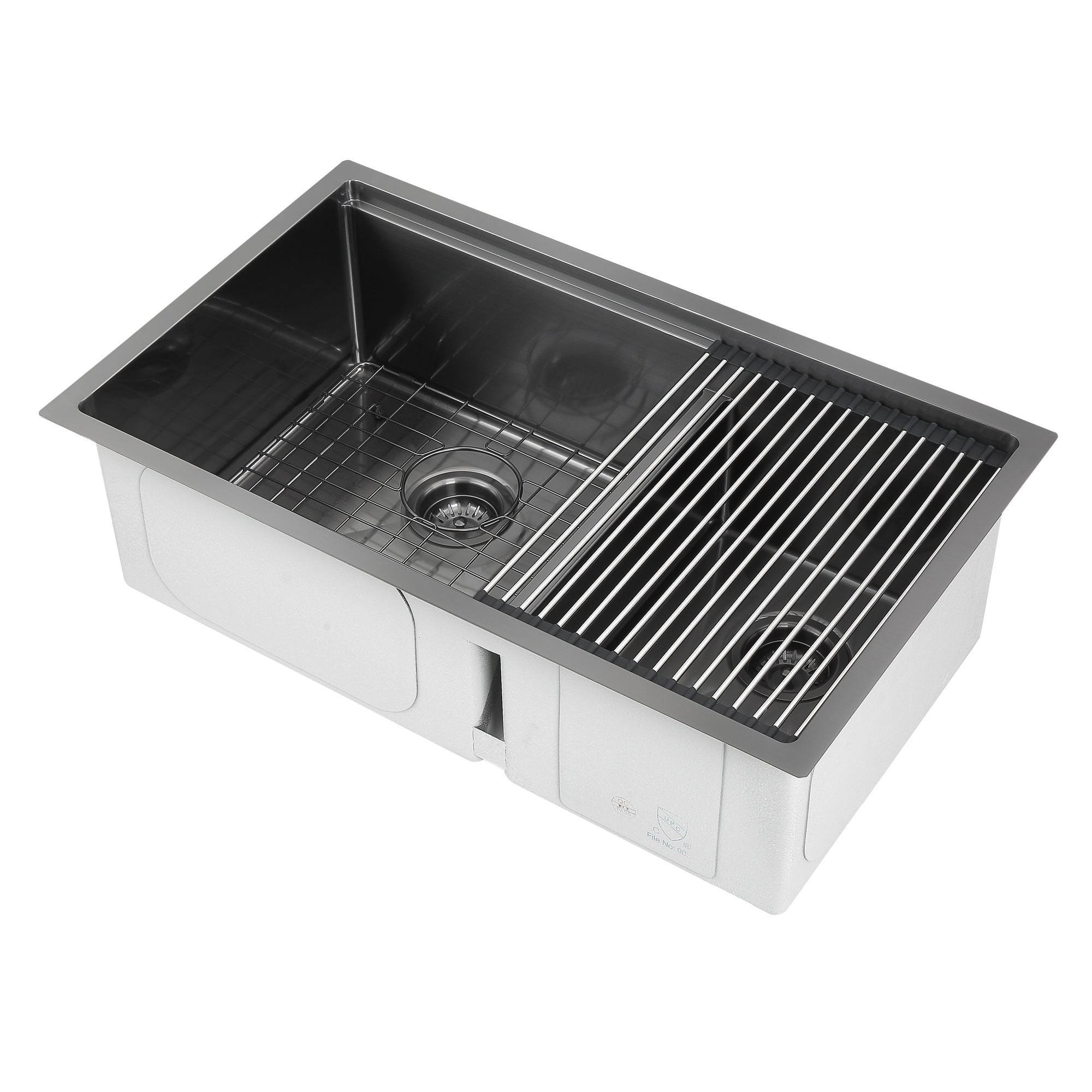 Ancona 32” 60/40 Double Bowl Undermount Kitchen Sink with Grid and Roll-Up Mat in Black PVD Nano