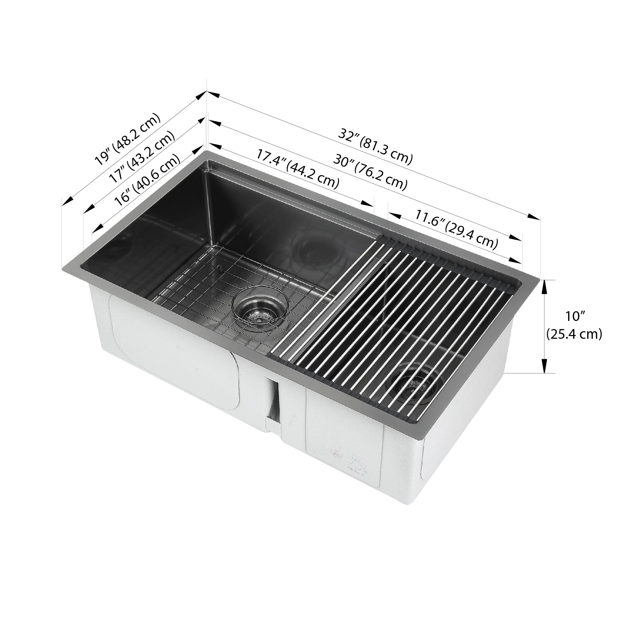 Ancona 32” 60/40 Double Bowl Undermount Kitchen Sink with Grid and Roll-Up Mat in Black PVD Nano