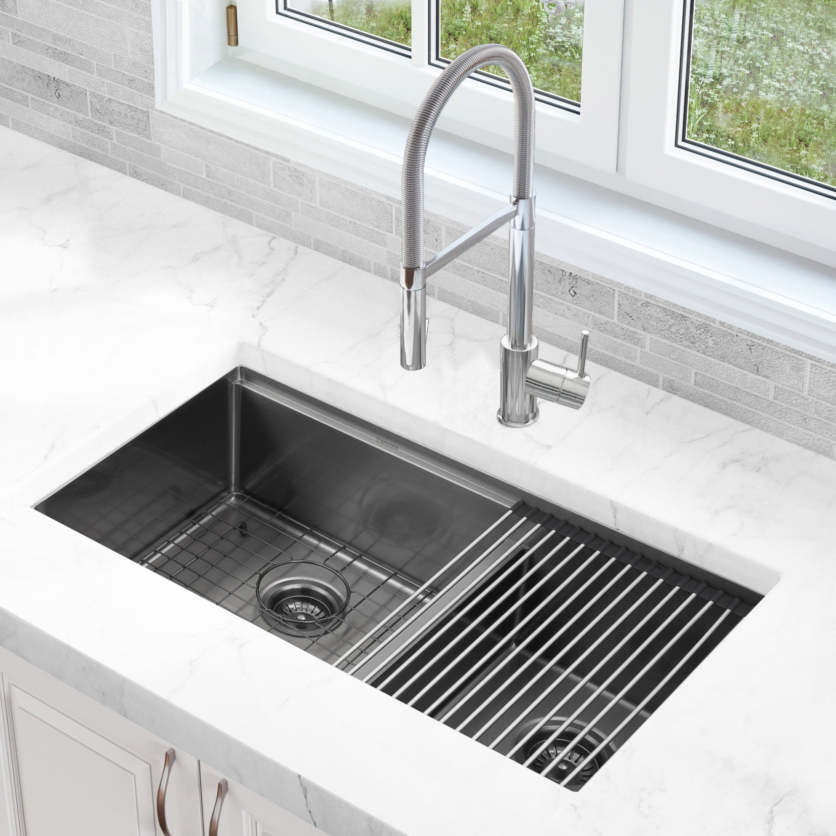 Ancona 32” 60/40 Double Bowl Undermount Kitchen Sink with Grid and Roll-Up Mat in PVD Gunmetal