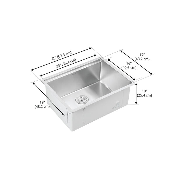 Ancona 25" Handmade Undermount Single Bowl Workstation Kitchen Sink with Accessories in Satin Stainless Steel