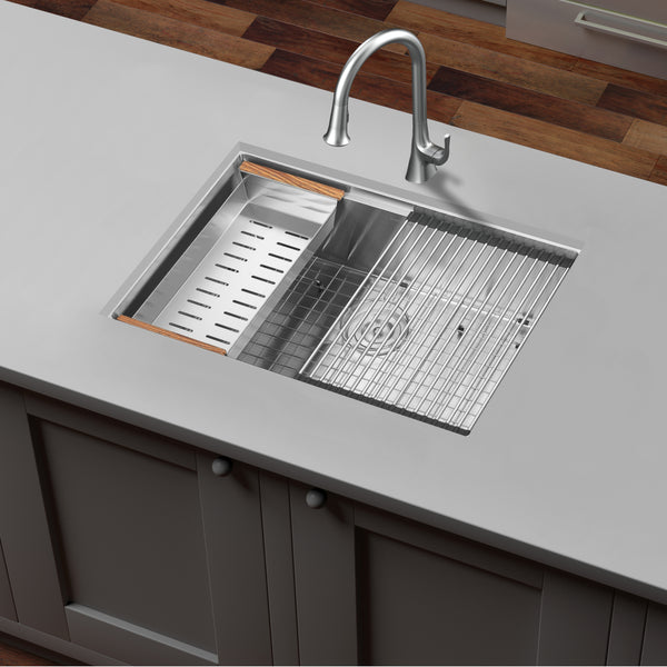 Ancona 28" Handmade Undermount Single Bowl Workstation Kitchen Sink with Accessories in Satin Stainless Steel