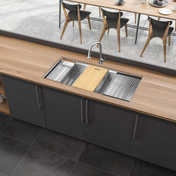 Ancona 45" Handmade Undermount Single Bowl Workstation Kitchen Sink with Accessories in Satin Stainless Steel