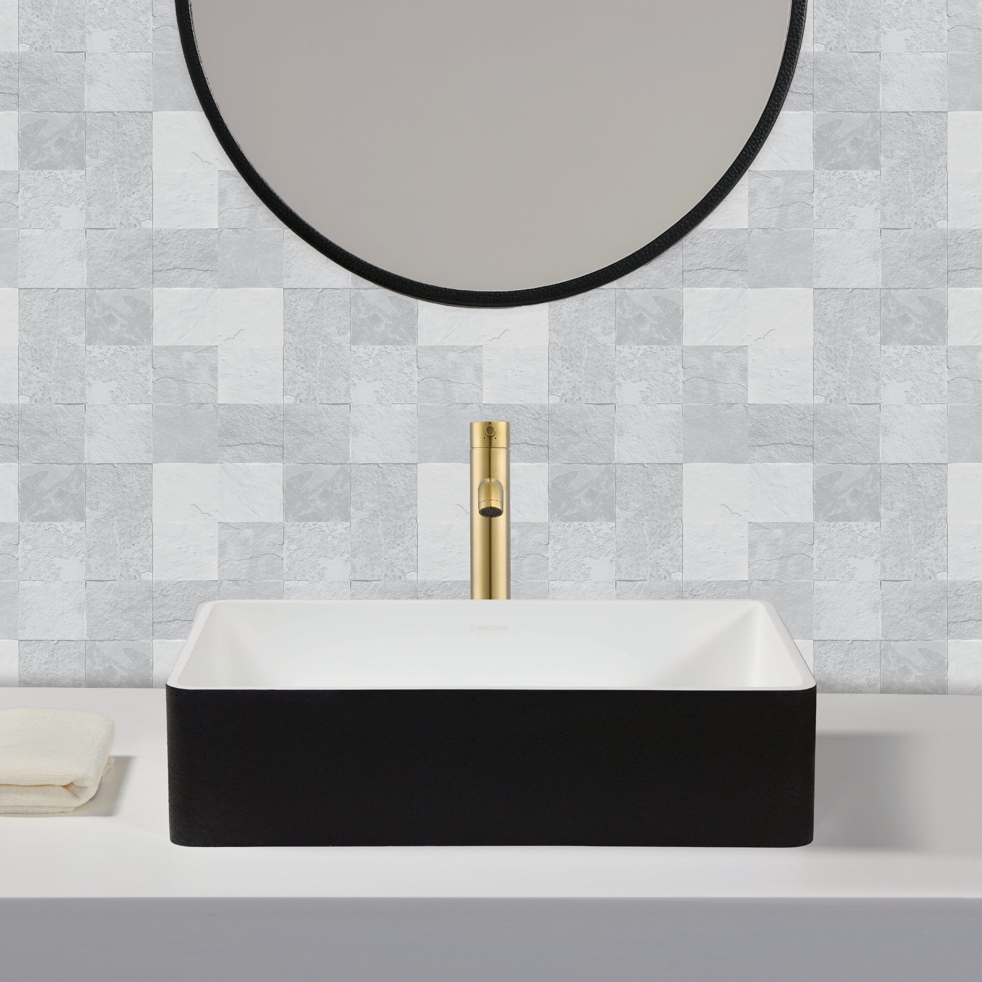 Ancona Holbrook Bathroom Vessel Sink in Black and White with Argenta Vessel Bathroom Faucet in Brushed Champagne Gold