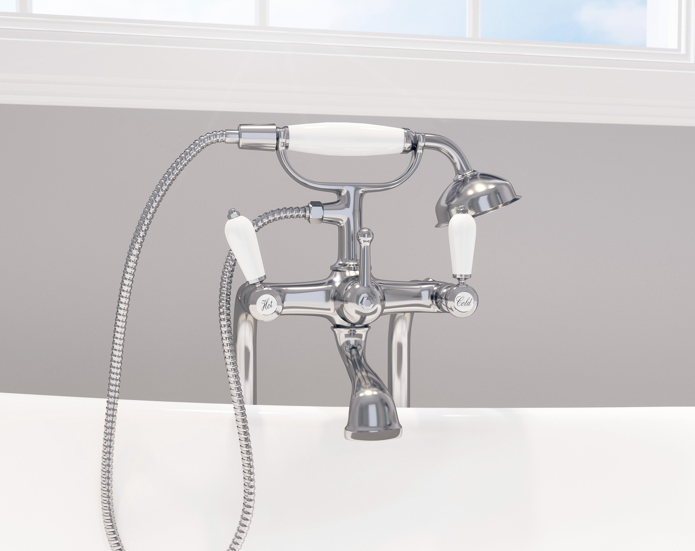 Ancona Classic Double Handle Freestanding Floor Mount Clawfoot Tub Faucet with Hand Shower in Chrome