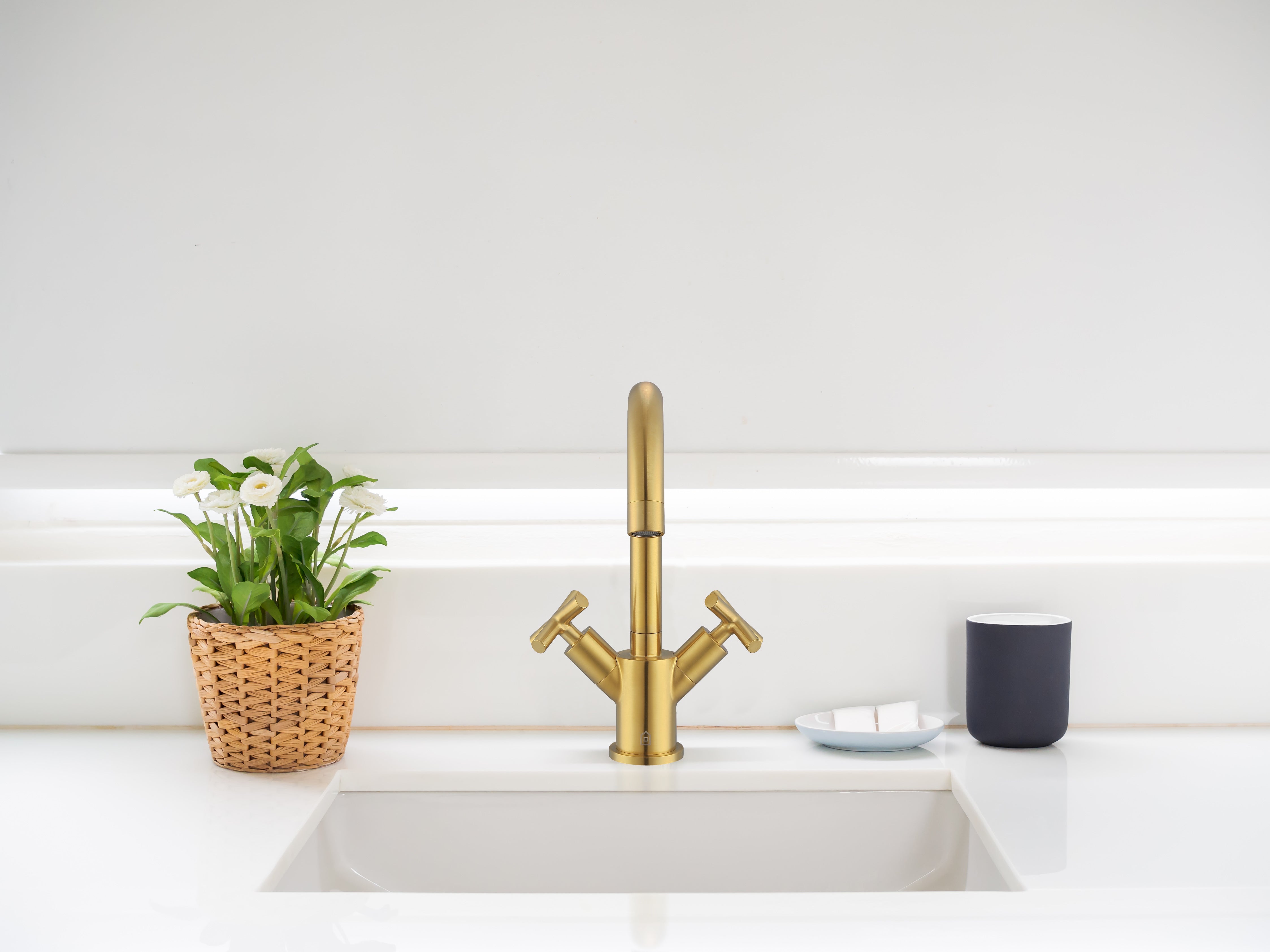 Ava Series Single Hole Cross Handle Bathroom Faucet in Brushed Titanium Gold