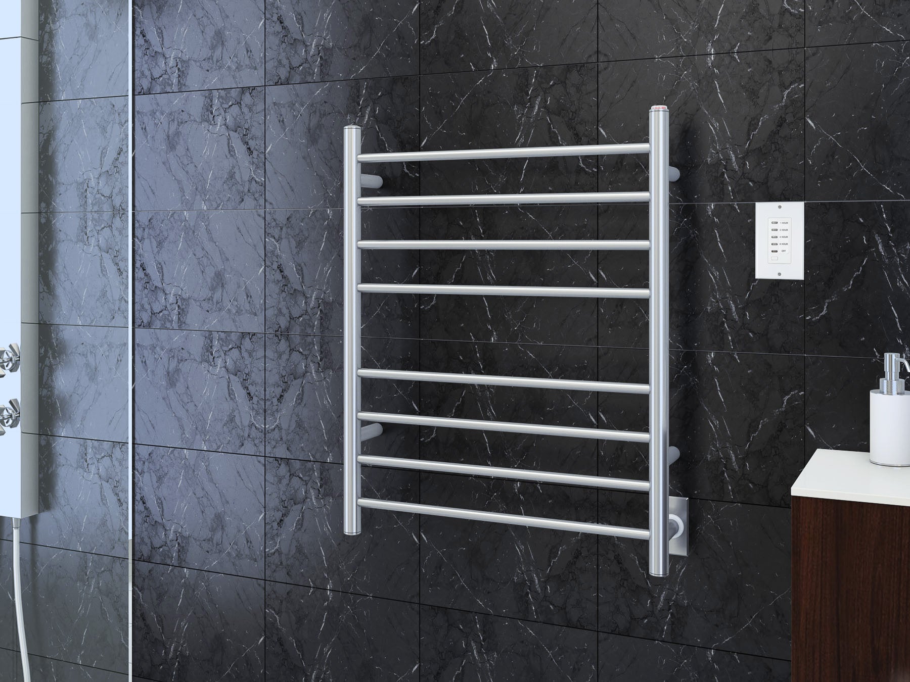 Prestige Dual 8-Bar Hardwired and Plug-in Towel Warmer in Polished Stainless Steel with Wall Countdown Timer