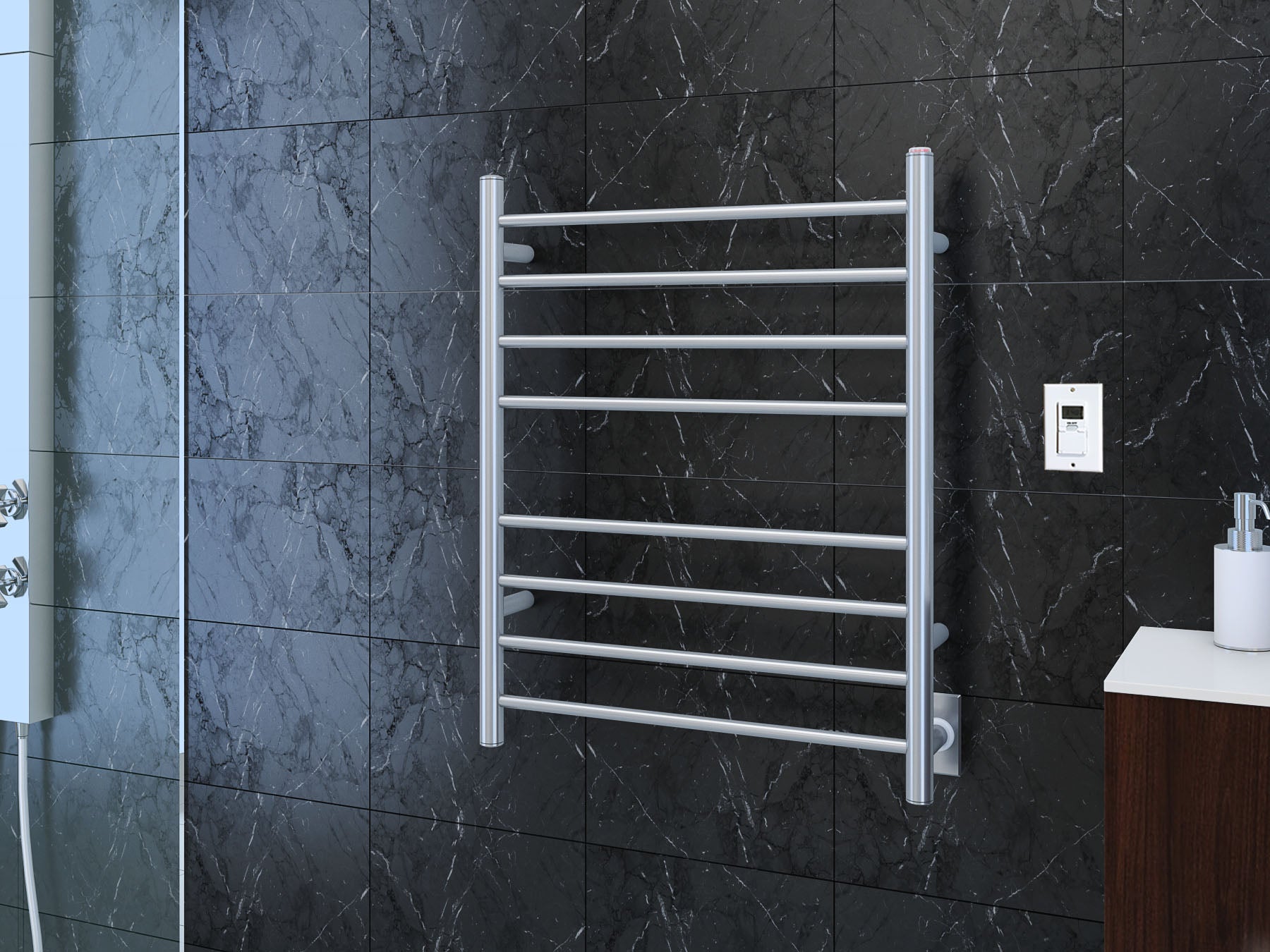 Prestige Dual 8-Bar Hardwired and Plug-in Towel Warmer in Polished Stainless Steel with Timer