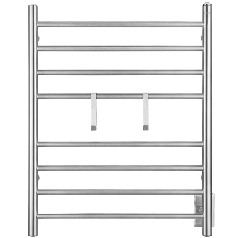 Ancona - Porte-serviettes chauffant électrique (câblé et sur prise) à 8 barres de la gamme Prestige Dual en acier inoxydable brossé avec 2 crochets ajustables
