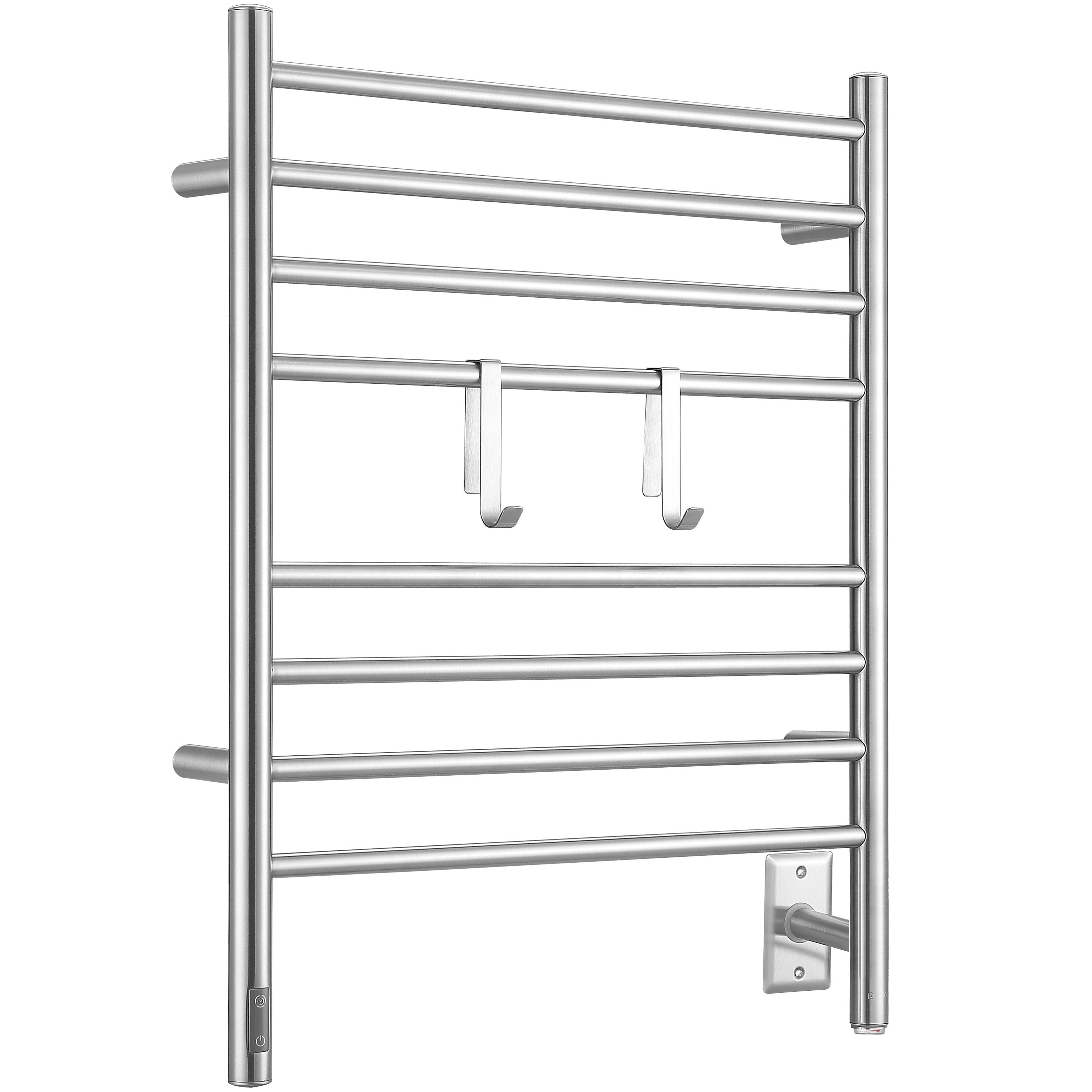 Ancona Prestige OBT 8-Bar Wall Mounted Towel Warmer with 2 Adjustable Hooks and Integrated On-Board Timer in Brushed Stainless Steel