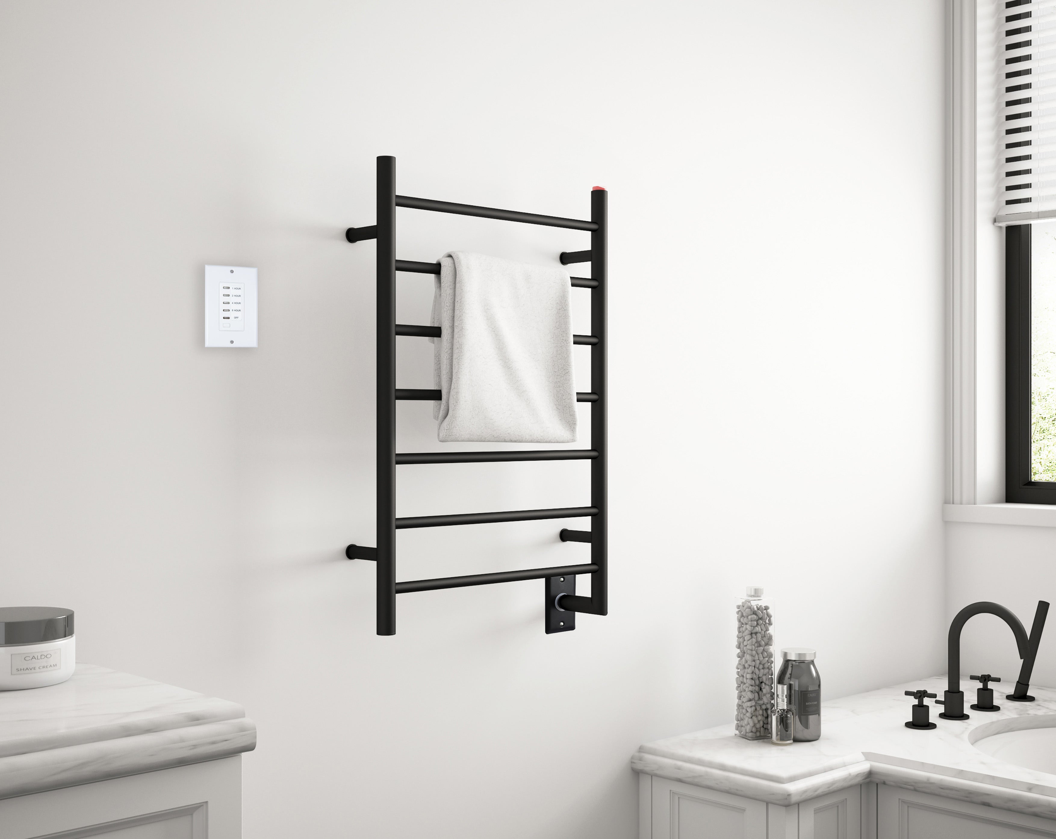 Comfort 7-Bar Hardwired Towel Warmer in Matte Black with Wall Countdown Timer