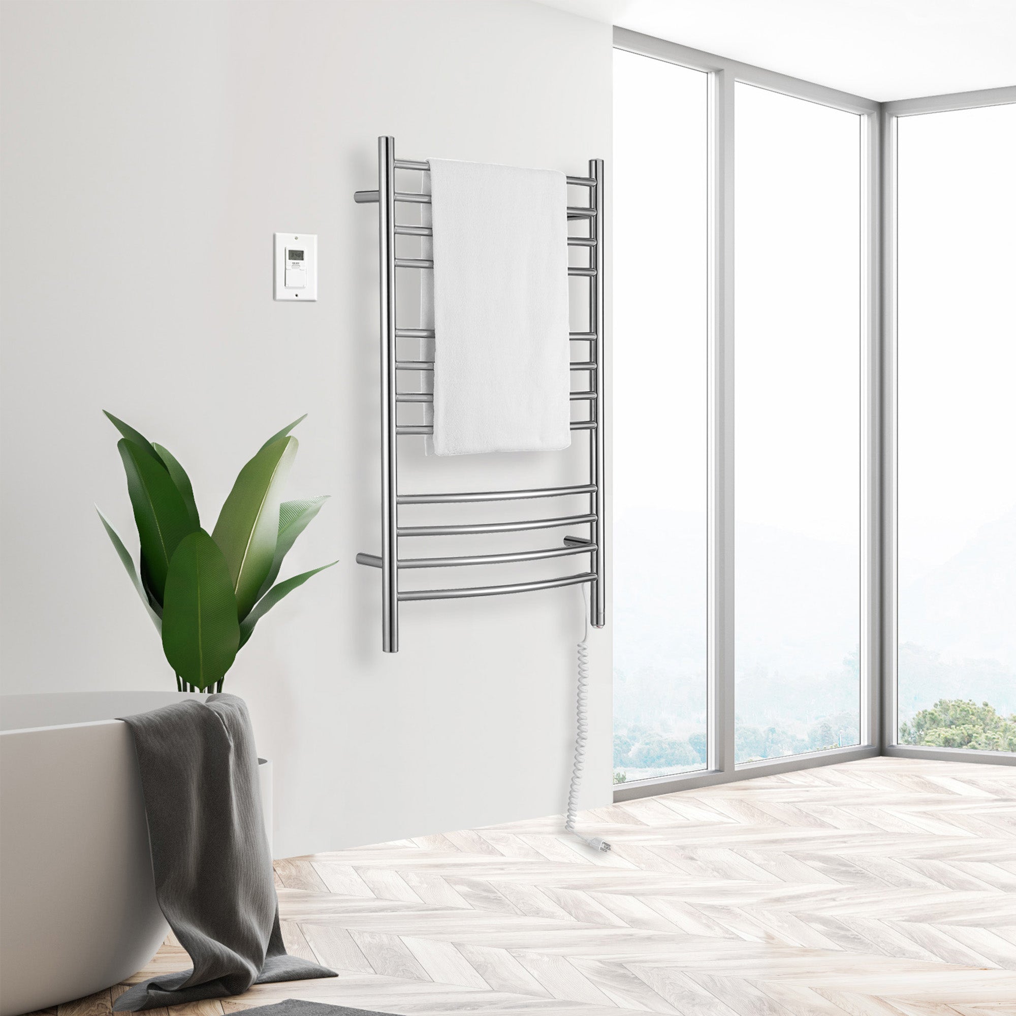 Lustra Dual 12 Curved Bar Hardwired and Plug-in Towel Warmer in Polished Stainless Steel with Digital Wall Timer