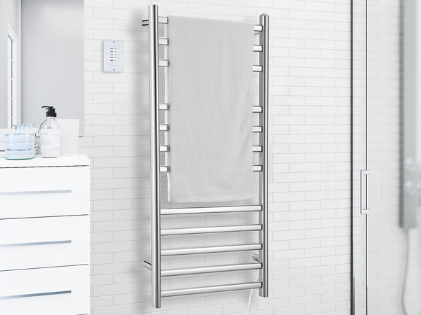 Prima Dual XL 12-Bar Hardwired and Plug-in Electric Towel Warmer in Polished Stainless Steel with Countdown Wall Timer