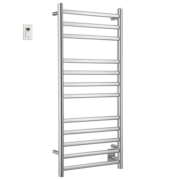 Prima Dual XL 12-Bar Hardwired and Plug-in Electric Towel Warmer in Polished Stainless Steel with Digital Wall Timer