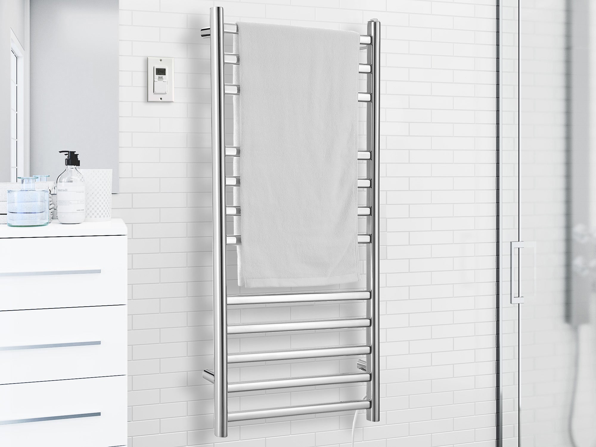 Prima Dual XL 12-Bar Hardwired and Plug-in Electric Towel Warmer in Polished Stainless Steel with Digital Wall Timer