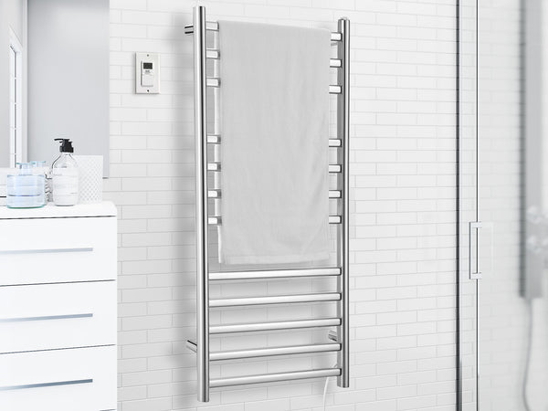 Prima Dual XL 12-Bar Hardwired and Plug-in Electric Towel Warmer in Polished Stainless Steel with Digital Wall Timer