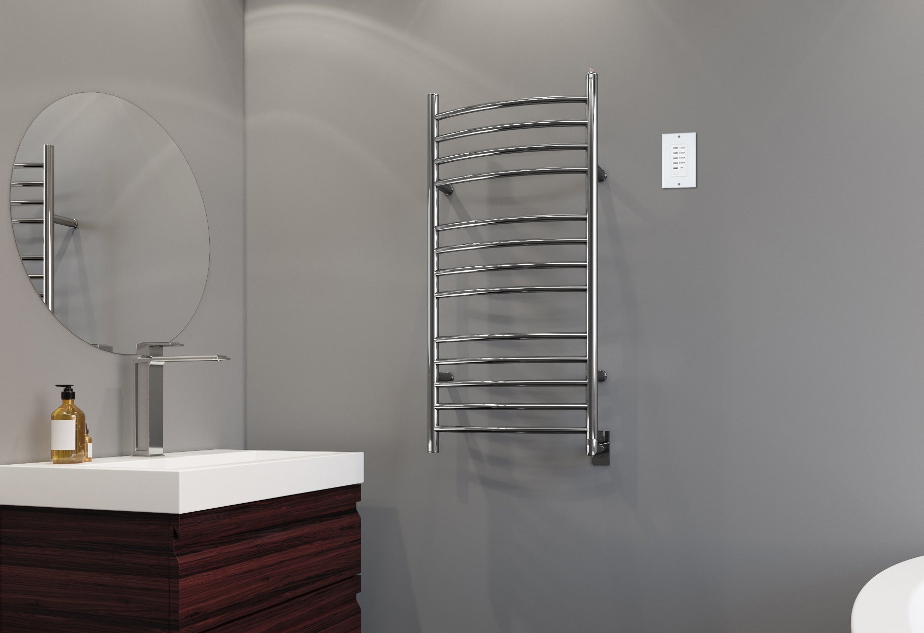 Svelte Rounded 13-Bar Hardwired Towel Warmer in Polished Stainless Steel with Wall Countdown Timer