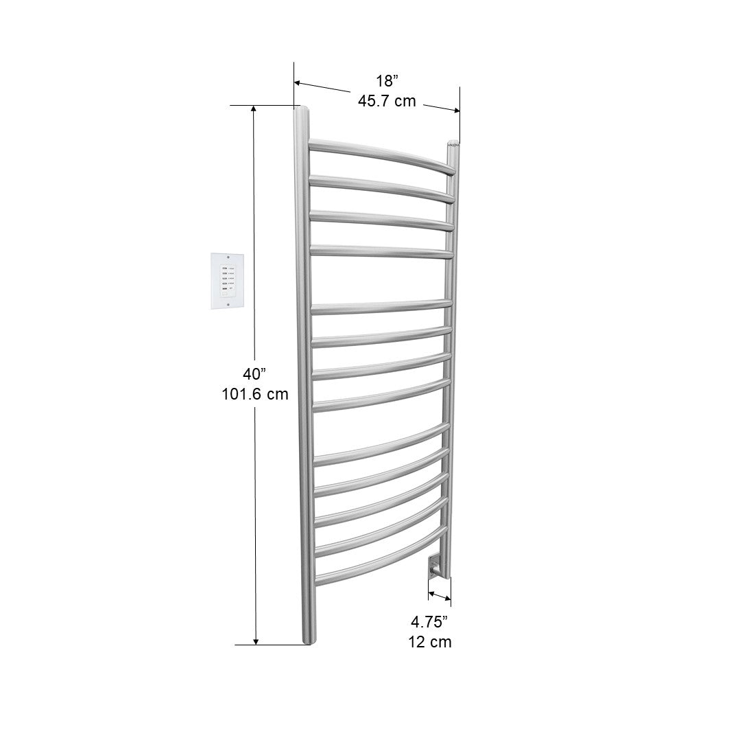 Svelte Rounded 13-Bar Hardwired Towel Warmer in Brushed Stainless Steel with Wall Countdown Timer