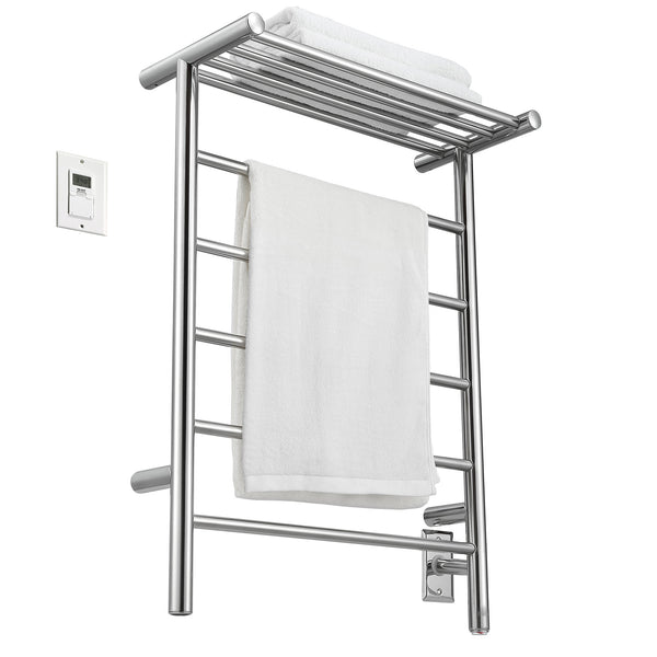 Miazzo 5-Bar Electric Wall Mount Plug-In and Hardwire Towel Warmer with Shelf in Polished Stainless Steel with Digital Wall Timer