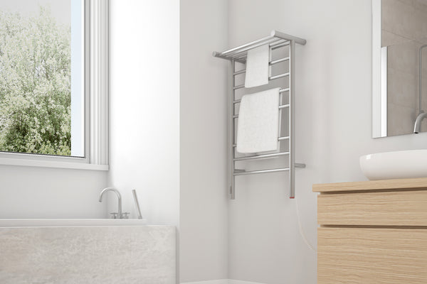 Liazzo OBT 8-Bar Hardwired and Plug-in Electric Towel Warmer with Integrated On-Board timer in Brushed Stainless Steel