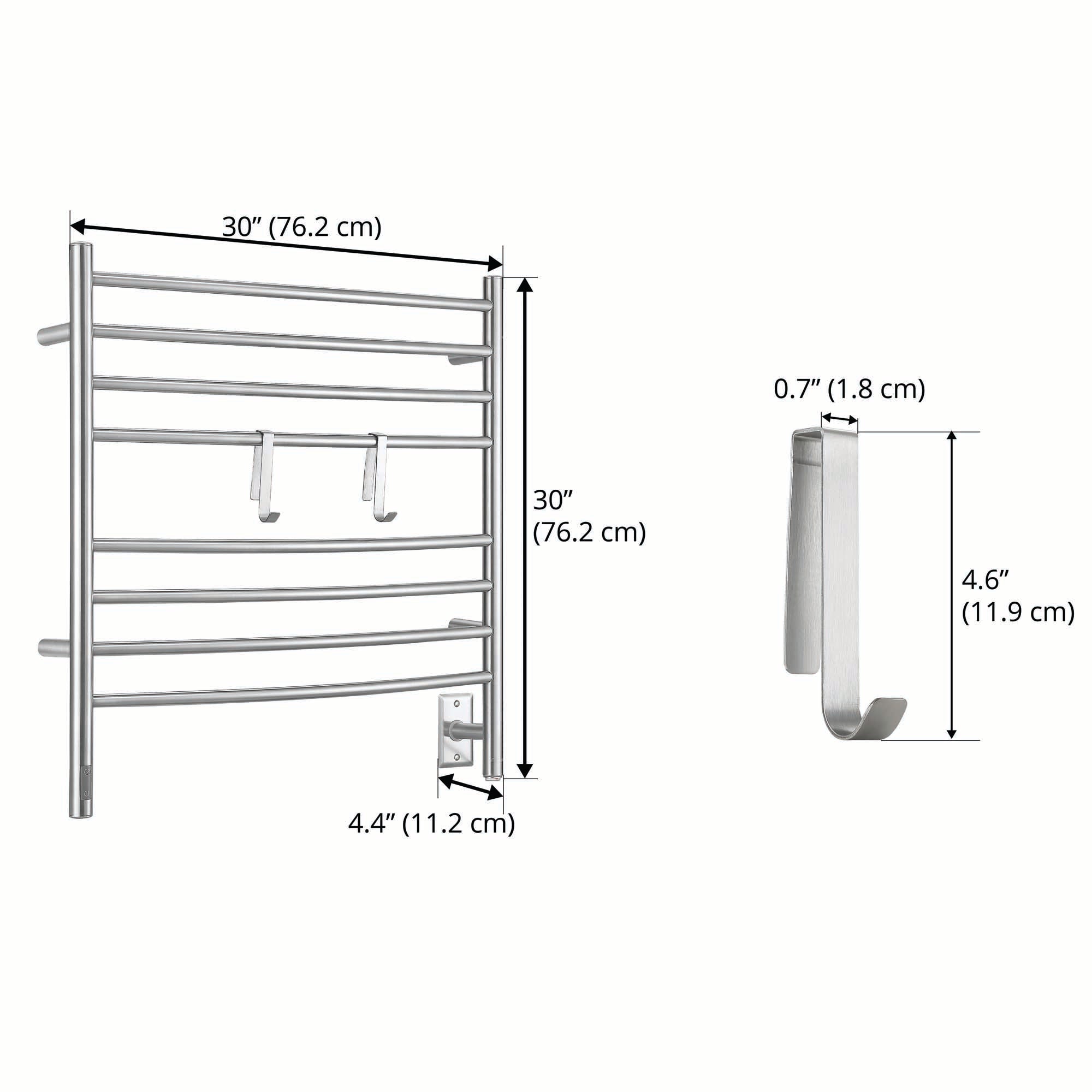 Arezzo OBT 8 Bar Hardwired and Plug-in Towel Warmer with 2 Adjustable Hooks and Integrated On-Board Timer in Brushed Stainless Steel