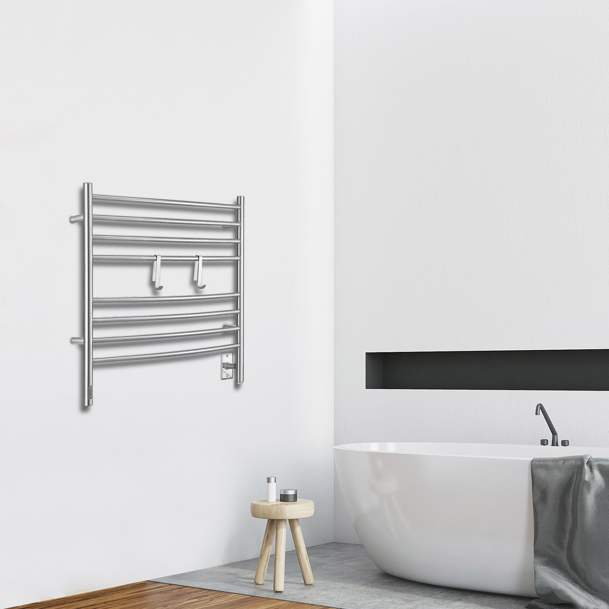 Arezzo OBT 8 Bar Hardwired and Plug-in Towel Warmer with 2 Adjustable Hooks and Integrated On-Board Timer in Brushed Stainless Steel