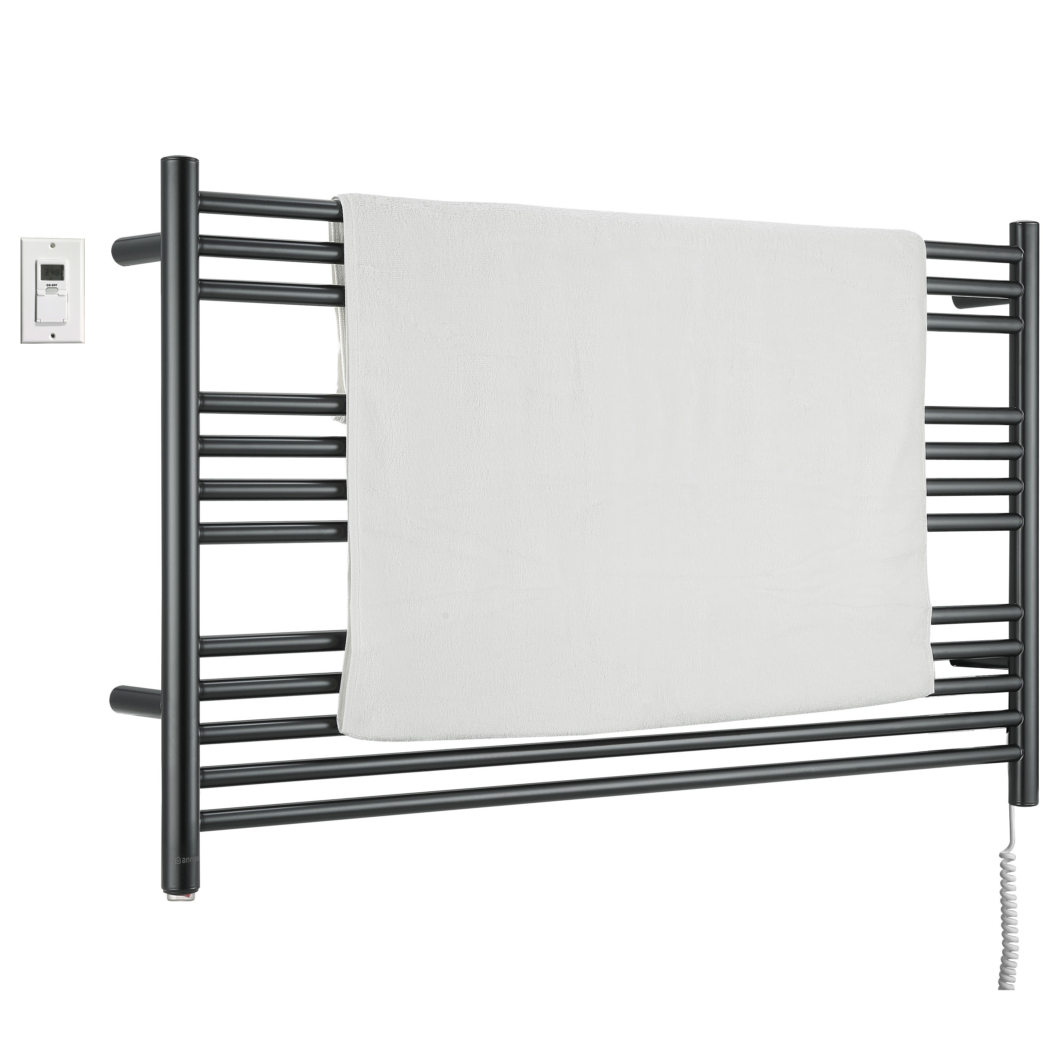 Ancona Amplia Dual 12-Bar Hardwired and Plug-in Towel Warmer in Matte Black with Digital Wall Timer