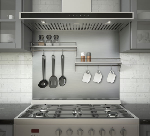36 in. Stainless Steel Backsplash with two-tiered shelf and rack